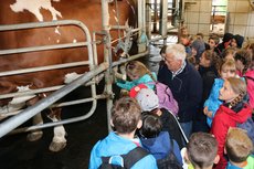 Bauer erklärt Kindern den Melkstand Bauer erklärt Kindern den Melkstand